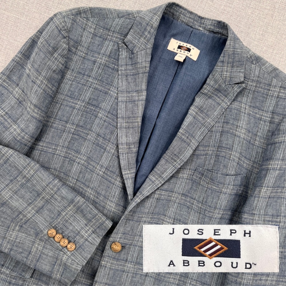 Joseph Abboud Linen Blazer Sport Coat Jacket Men XXL 46R Blue Windowpane Summer‎